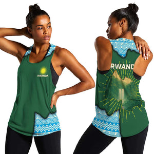 Rwanda Women Racerback Tank with Green Nature Map Waterfall Sunburst Spirit