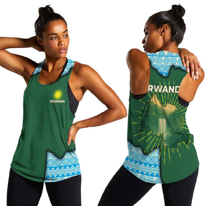 Rwanda Women Racerback Tank with Green Nature Map Waterfall Sunburst Spirit