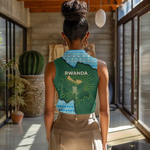 Rwanda Women Sleeveless Polo Shirt with Green Nature Map Waterfall Sunburst Spirit