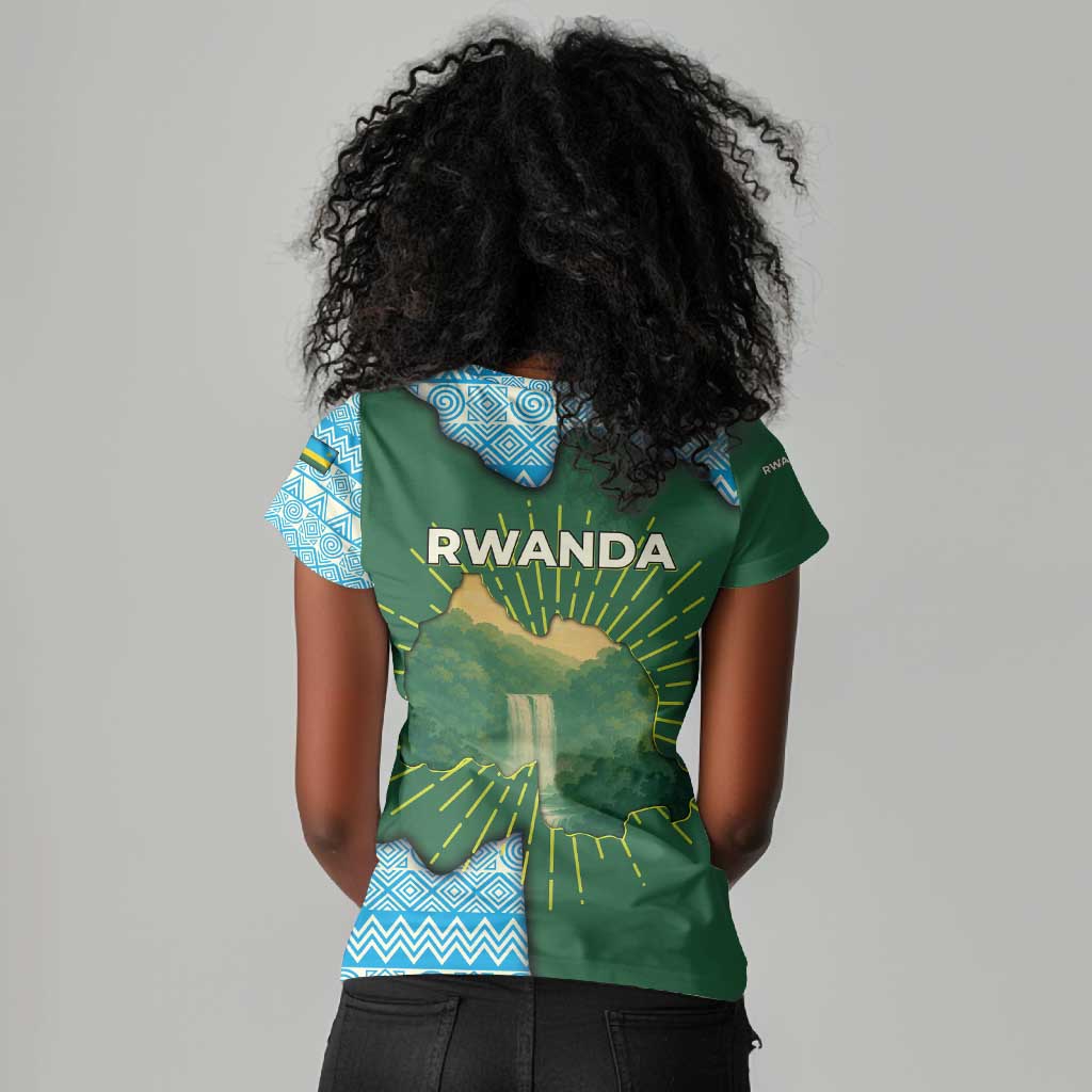 Rwanda Women V-Neck T-Shirt with Green Nature Map Waterfall Sunburst Spirit