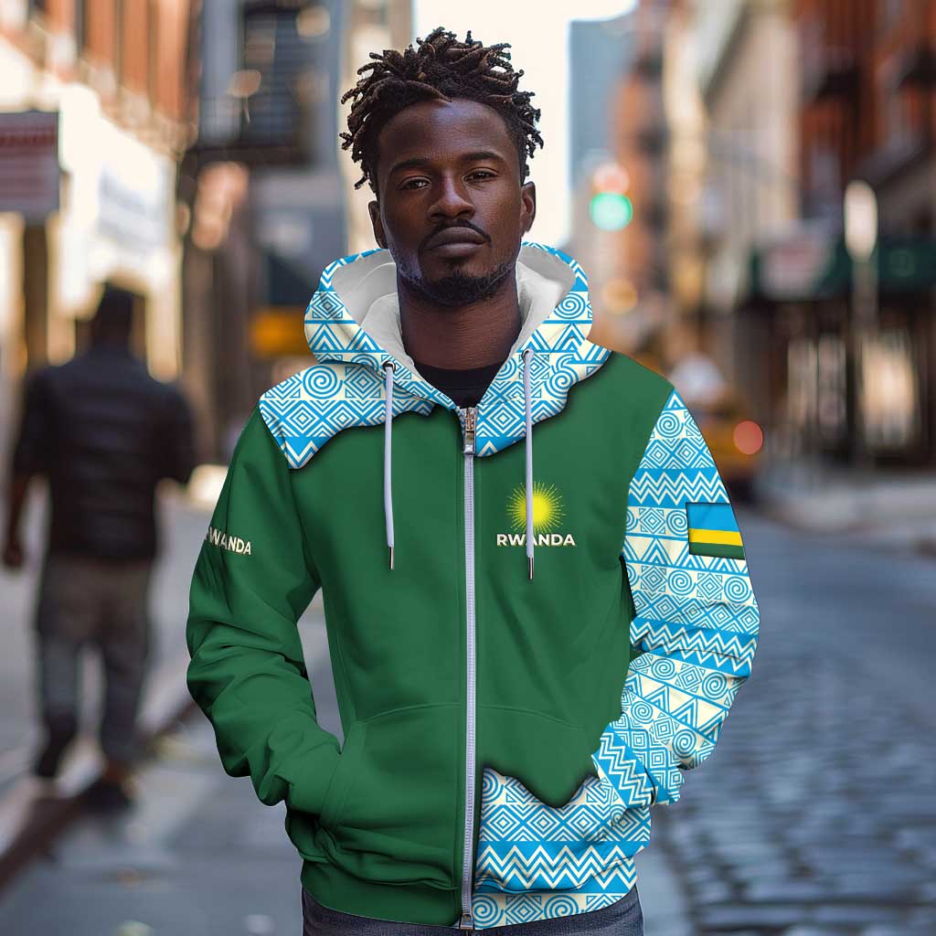 Rwanda Zip Hoodie with Green Nature Map Waterfall Sunburst Spirit