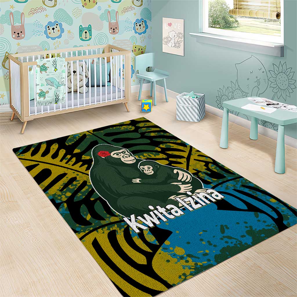 Rwanda Area Rug with Gorilla Family Kwita Izina Leaf Jungle Spirit