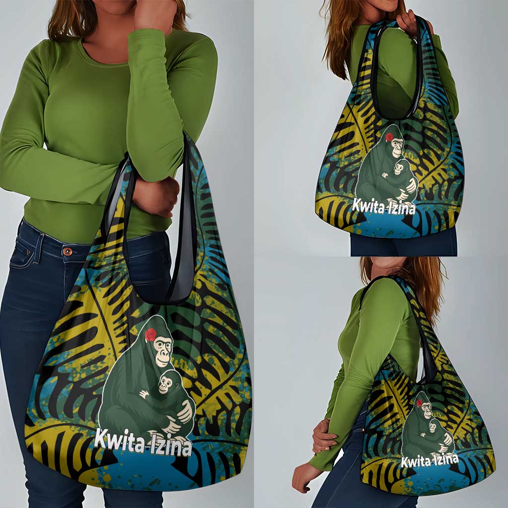 Rwanda Grocery Bag with Gorilla Family Kwita Izina Leaf Jungle Spirit