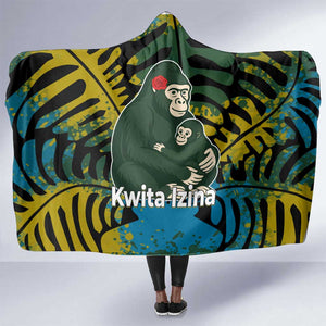 Rwanda Hooded Blanket with Gorilla Family Kwita Izina Leaf Jungle Spirit