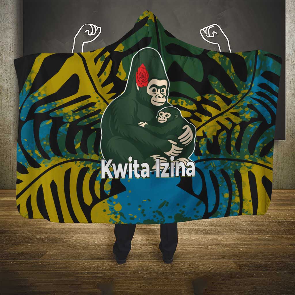 Rwanda Hooded Blanket with Gorilla Family Kwita Izina Leaf Jungle Spirit