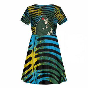 Rwanda Kid Short Sleeve Dress with Gorilla Family Kwita Izina Leaf Jungle Spirit