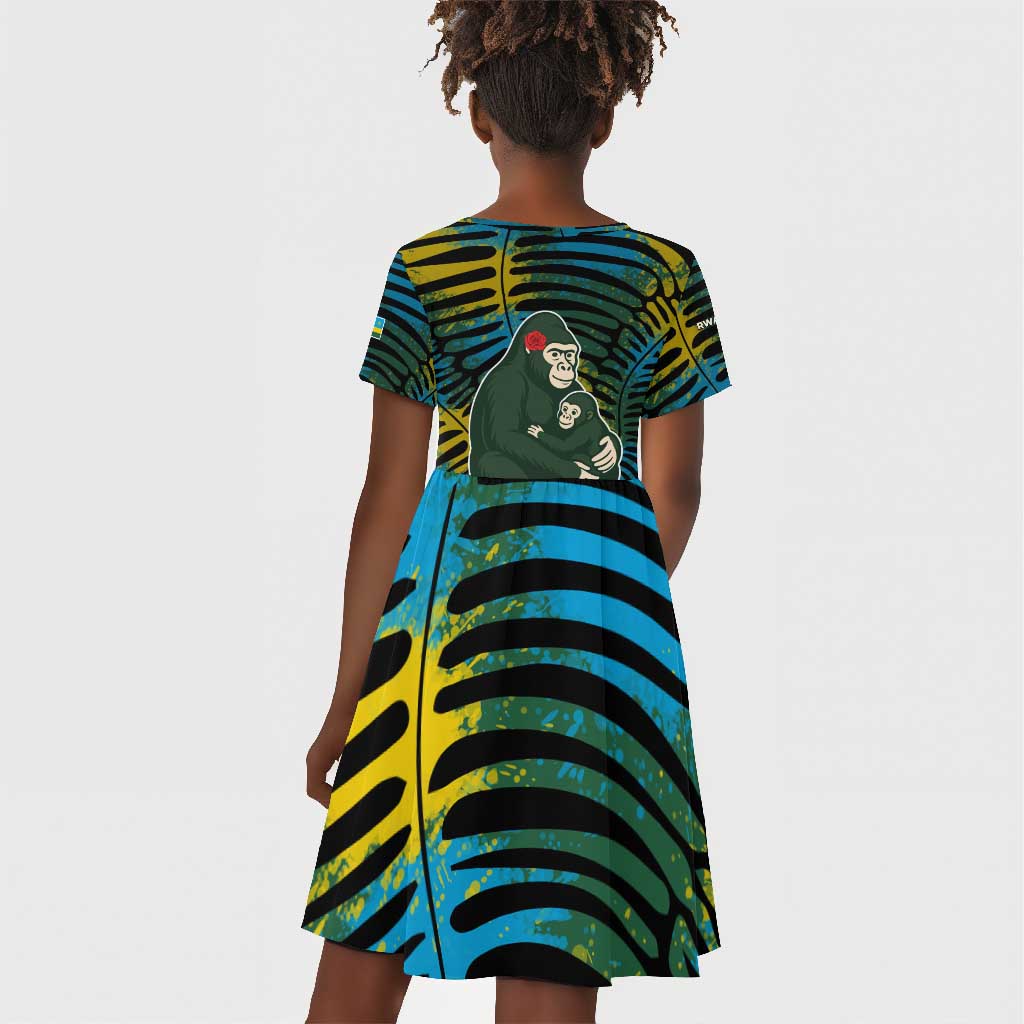 Rwanda Kid Short Sleeve Dress with Gorilla Family Kwita Izina Leaf Jungle Spirit