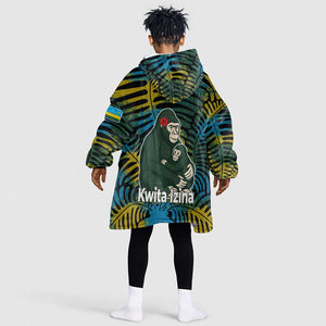 Rwanda Kid Wearable Blanket Hoodie with Gorilla Family Kwita Izina Leaf Jungle Spirit