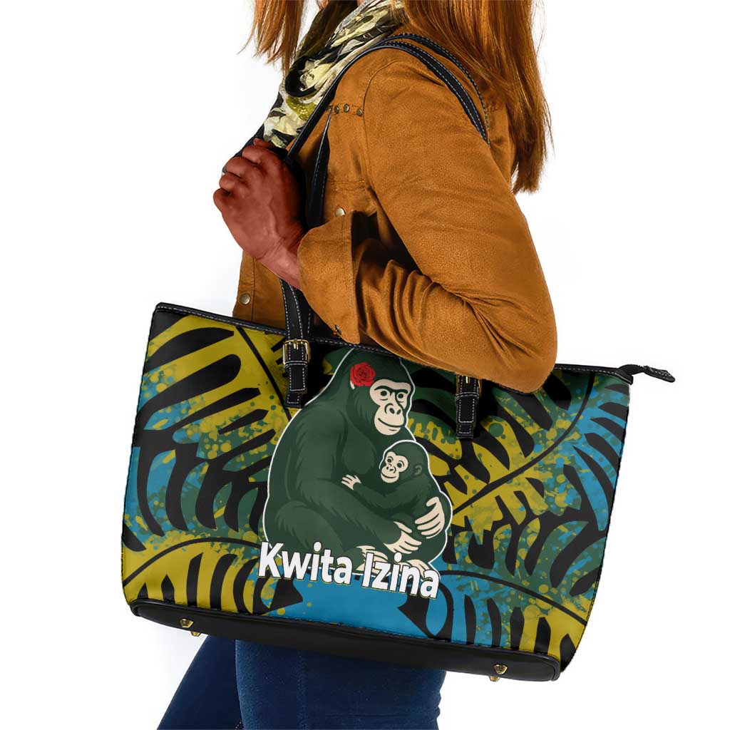 Rwanda Leather Tote Bag with Gorilla Family Kwita Izina Leaf Jungle Spirit