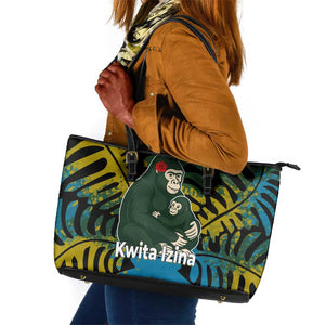 Rwanda Leather Tote Bag with Gorilla Family Kwita Izina Leaf Jungle Spirit