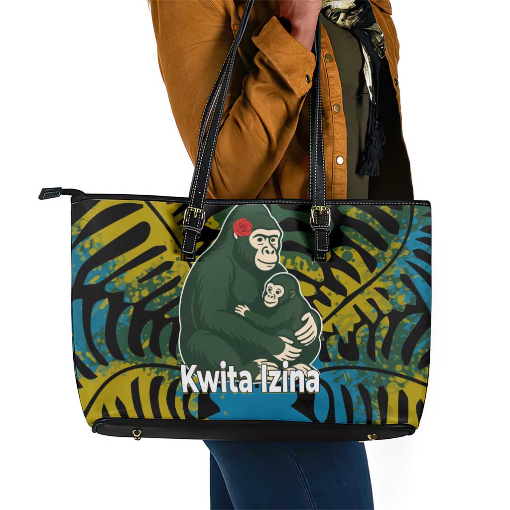 Rwanda Leather Tote Bag with Gorilla Family Kwita Izina Leaf Jungle Spirit