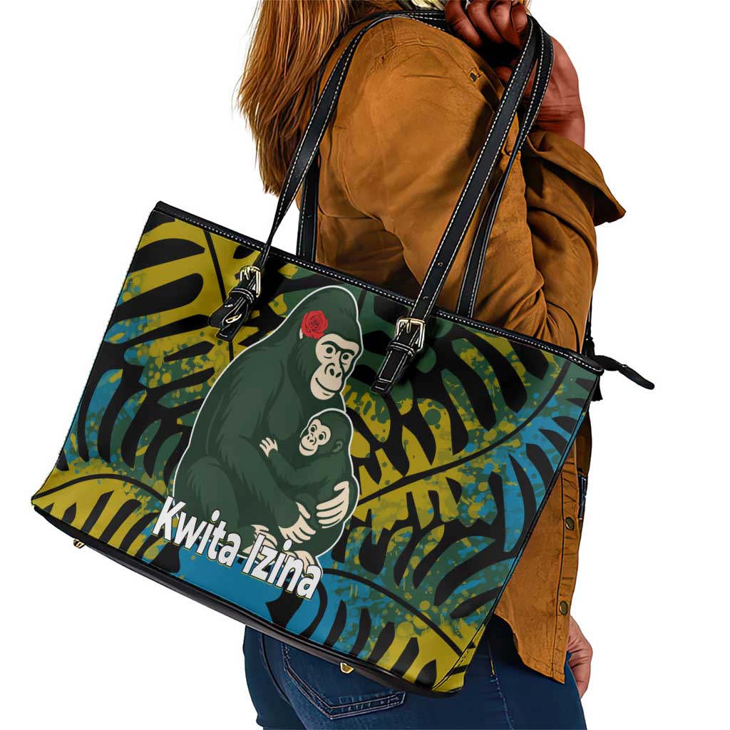 Rwanda Leather Tote Bag with Gorilla Family Kwita Izina Leaf Jungle Spirit