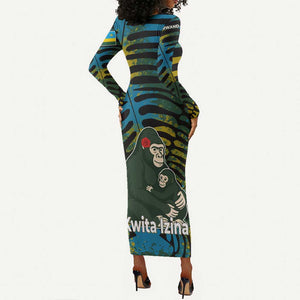 Rwanda Long Sleeve Bodycon Dress with Gorilla Family Kwita Izina Leaf Jungle Spirit