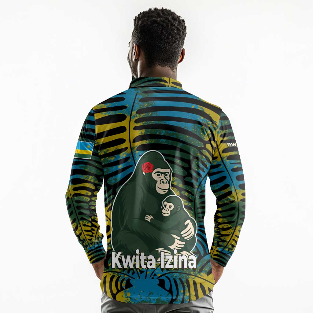 Rwanda Long Sleeve Polo Shirt with Gorilla Family Kwita Izina Leaf Jungle Spirit