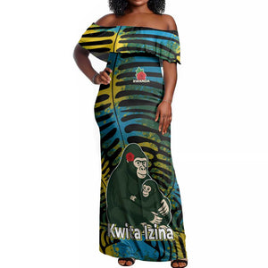 Rwanda Off Shoulder Maxi Dress with Gorilla Family Kwita Izina Leaf Jungle Spirit