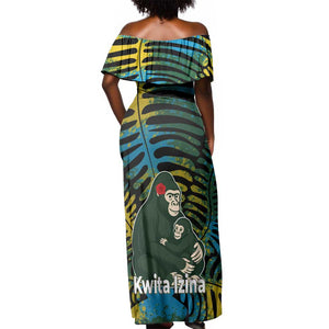 Rwanda Off Shoulder Maxi Dress with Gorilla Family Kwita Izina Leaf Jungle Spirit
