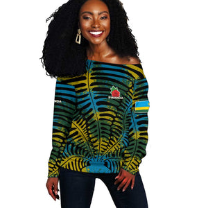 Rwanda Off Shoulder Sweater with Gorilla Family Kwita Izina Leaf Jungle Spirit