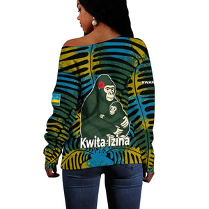 Rwanda Off Shoulder Sweater with Gorilla Family Kwita Izina Leaf Jungle Spirit