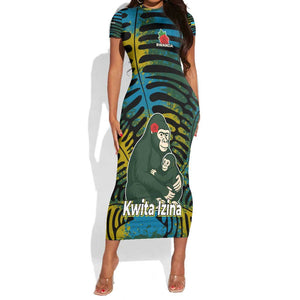 Rwanda Short Sleeve Bodycon Dress with Gorilla Family Kwita Izina Leaf Jungle Spirit
