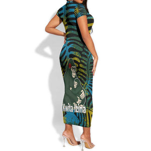 Rwanda Short Sleeve Bodycon Dress with Gorilla Family Kwita Izina Leaf Jungle Spirit