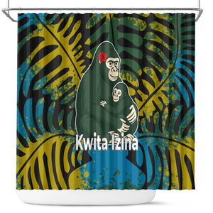 Rwanda Shower Curtain with Gorilla Family Kwita Izina Leaf Jungle Spirit
