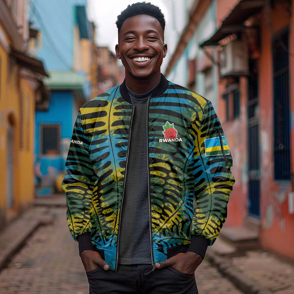 Rwanda Sleeve Zip Bomber Jacket with Gorilla Family Kwita Izina Leaf Jungle Spirit