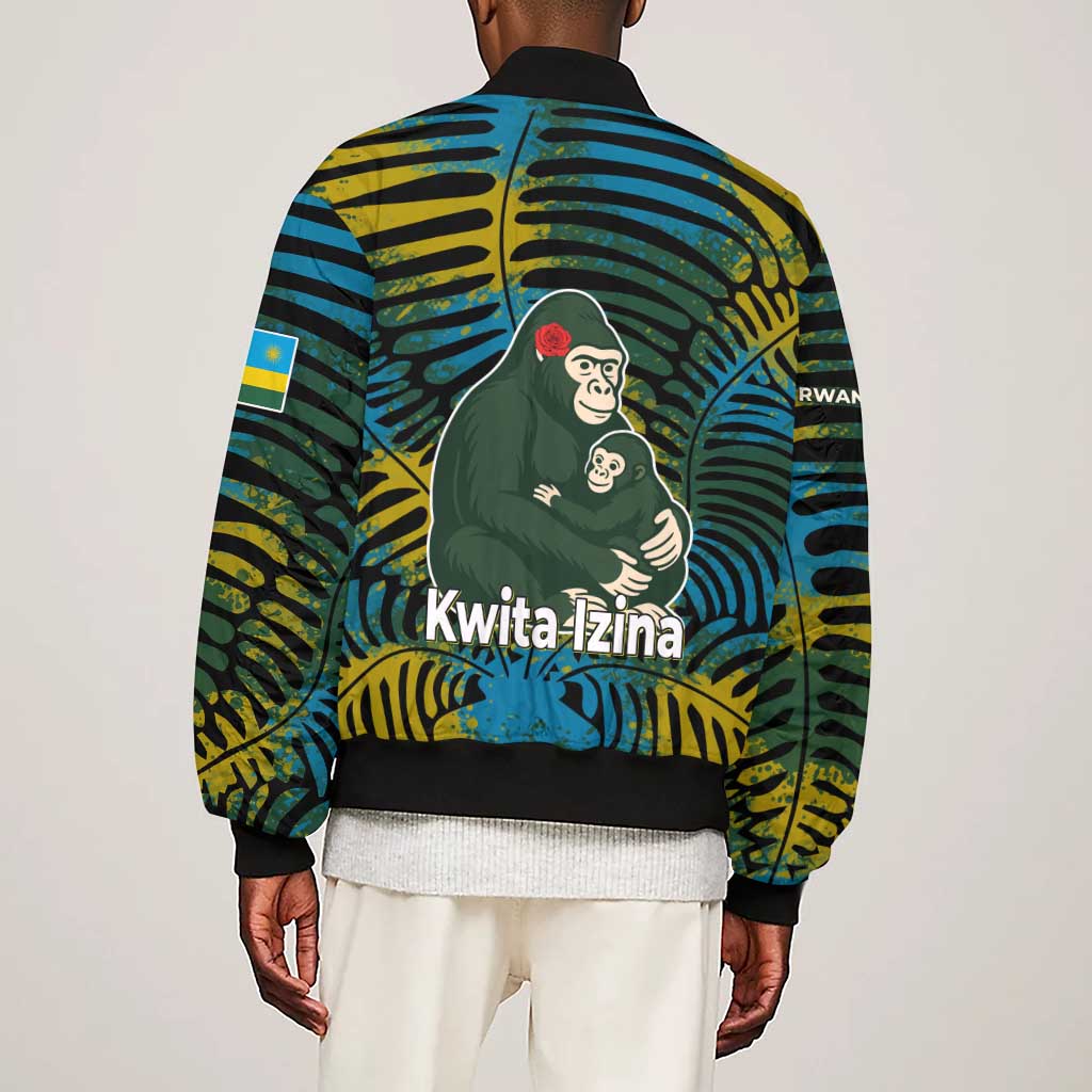 Rwanda Sleeve Zip Bomber Jacket with Gorilla Family Kwita Izina Leaf Jungle Spirit