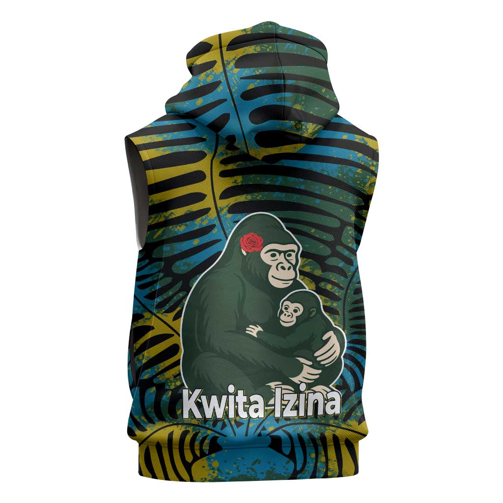 Rwanda Sleeveless Hoodie with Gorilla Family Kwita Izina Leaf Jungle Spirit - African Pride