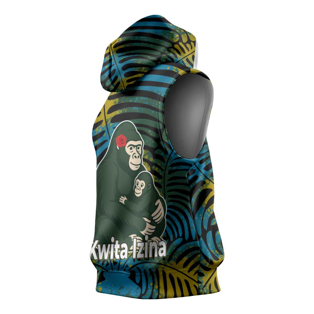 Rwanda Sleeveless Hoodie with Gorilla Family Kwita Izina Leaf Jungle Spirit - African Pride