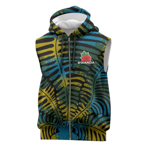 Rwanda Sleeveless Zip Hoodie with Gorilla Family Kwita Izina Leaf Jungle Spirit - African Pride