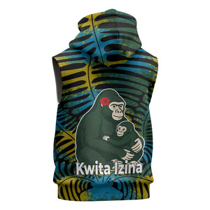 Rwanda Sleeveless Zip Hoodie with Gorilla Family Kwita Izina Leaf Jungle Spirit - African Pride