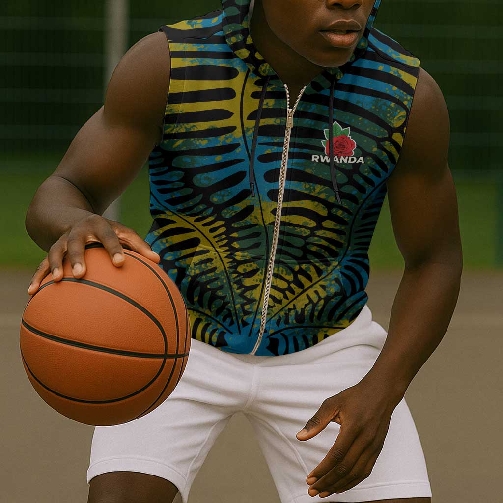Rwanda Sleeveless Zip Hoodie with Gorilla Family Kwita Izina Leaf Jungle Spirit - African Pride