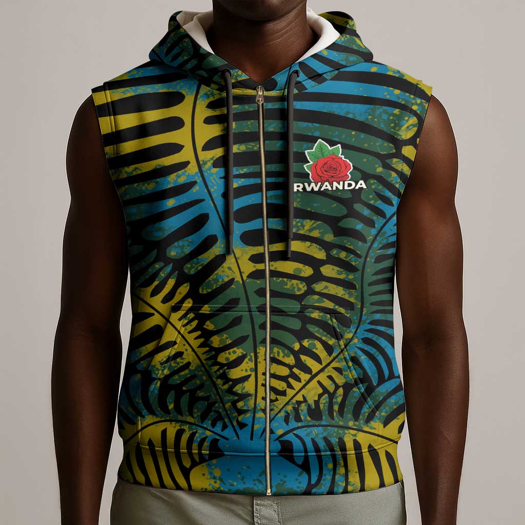 Rwanda Sleeveless Zip Hoodie with Gorilla Family Kwita Izina Leaf Jungle Spirit - African Pride