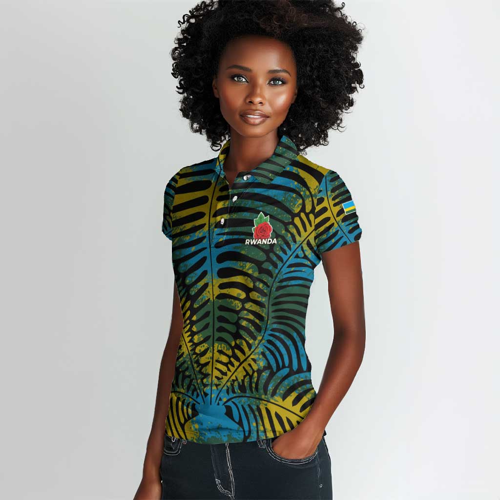 Rwanda Women Polo Shirt with Gorilla Family Kwita Izina Leaf Jungle Spirit