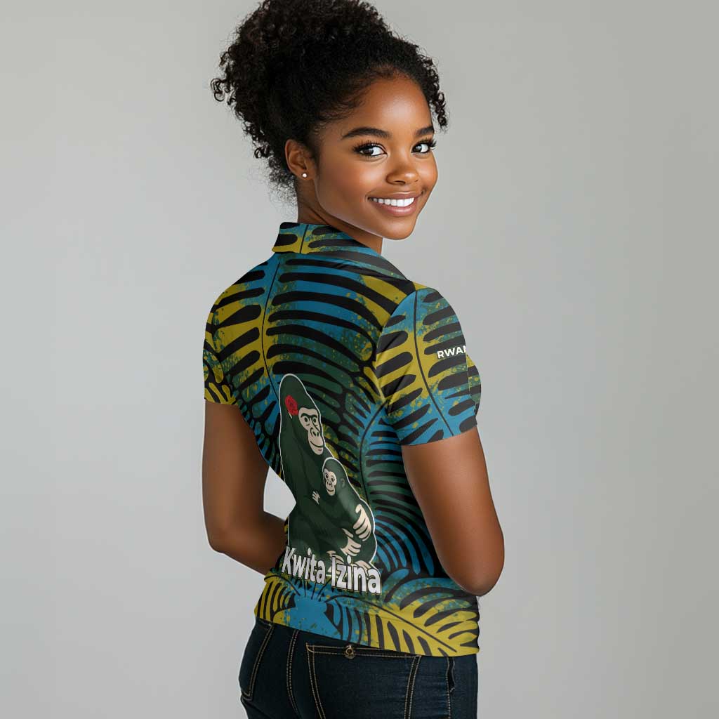 Rwanda Women Polo Shirt with Gorilla Family Kwita Izina Leaf Jungle Spirit