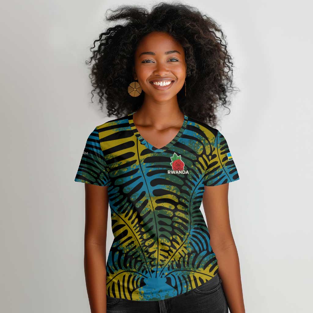 Rwanda Women V-Neck T-Shirt with Gorilla Family Kwita Izina Leaf Jungle Spirit