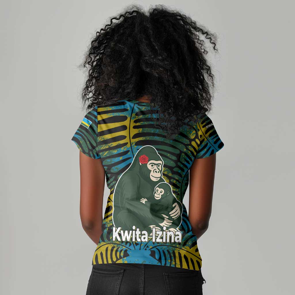 Rwanda Women V-Neck T-Shirt with Gorilla Family Kwita Izina Leaf Jungle Spirit