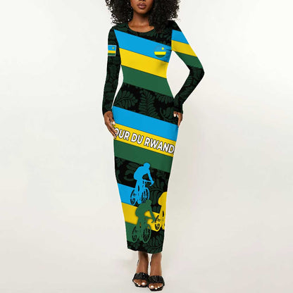 Rwanda Long Sleeve Bodycon Dress with Tour du Rwanda Cycling Race Flag Stripe Spirit