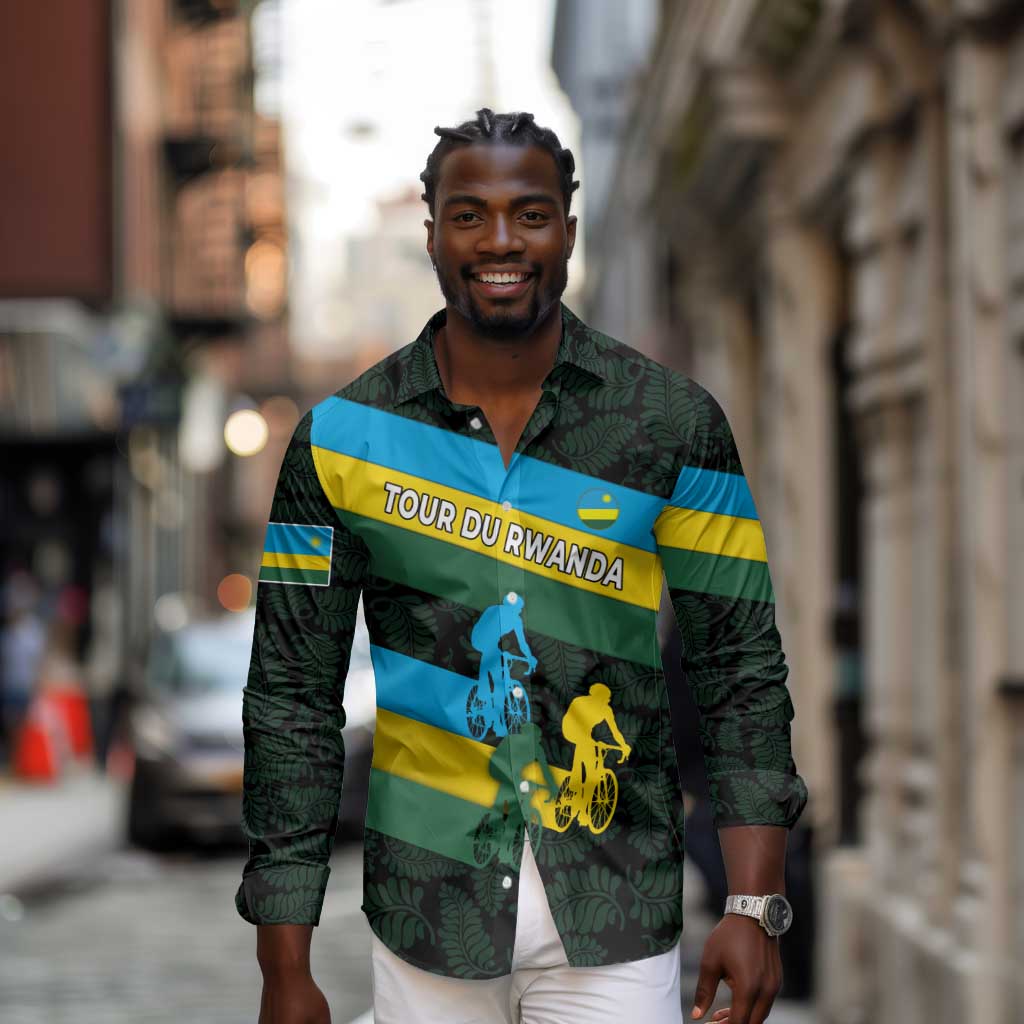 Rwanda Long Sleeve Button Shirt with Tour du Rwanda Cycling Race Flag Stripe Spirit