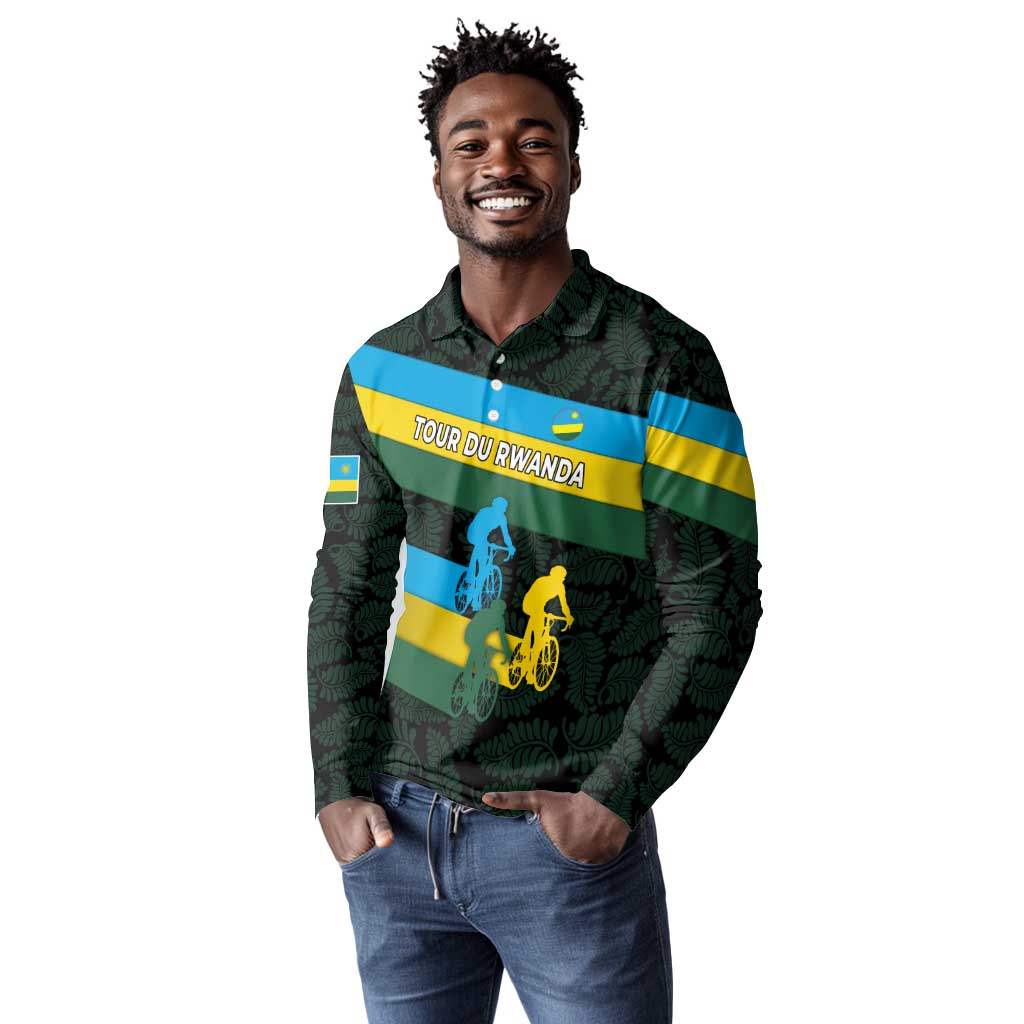 Rwanda Long Sleeve Polo Shirt with Tour du Rwanda Cycling Race Flag Stripe Spirit