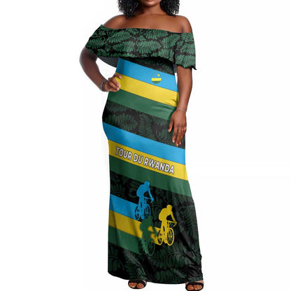 Rwanda Off Shoulder Maxi Dress with Tour du Rwanda Cycling Race Flag Stripe Spirit