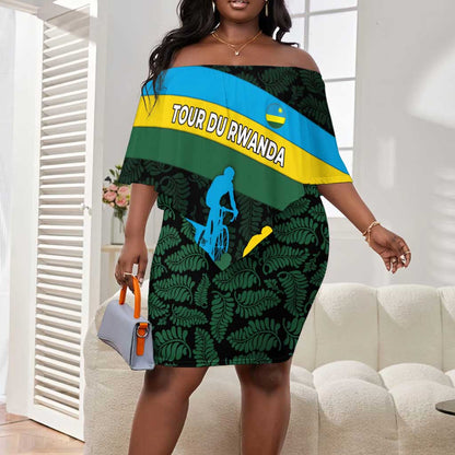 Rwanda Off Shoulder Short Dress with Tour du Rwanda Cycling Race Flag Stripe Spirit