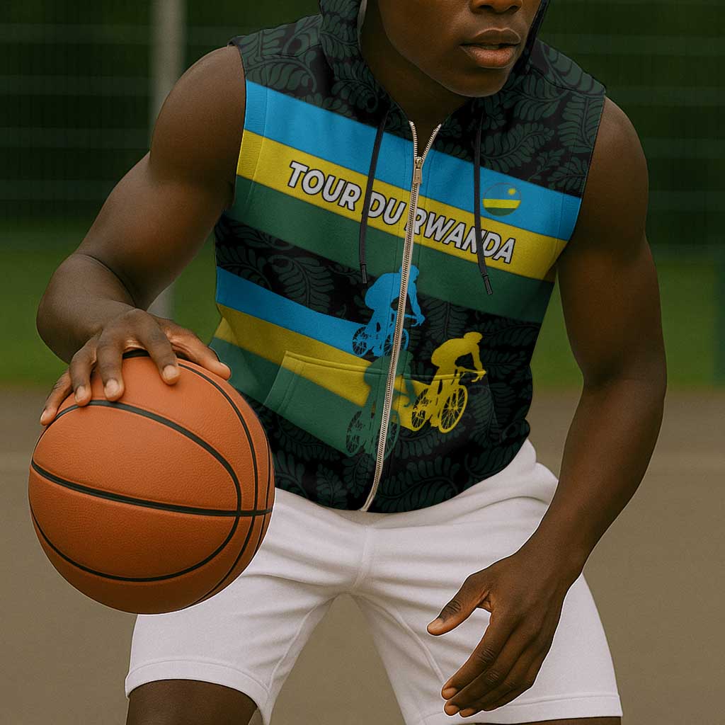 Rwanda Sleeveless Zip Hoodie with Tour du Rwanda Cycling Race Flag Stripe Spirit - African Pride