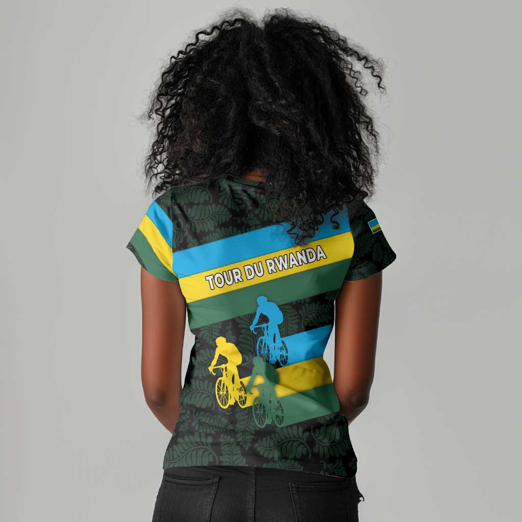 Rwanda Women V-Neck T-Shirt with Tour du Rwanda Cycling Race Flag Stripe Spirit