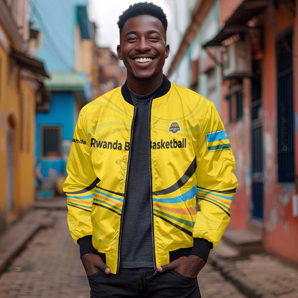 Rwanda Bomber Jacket with Basketball League Court Hoop Yellow Wave Spirit