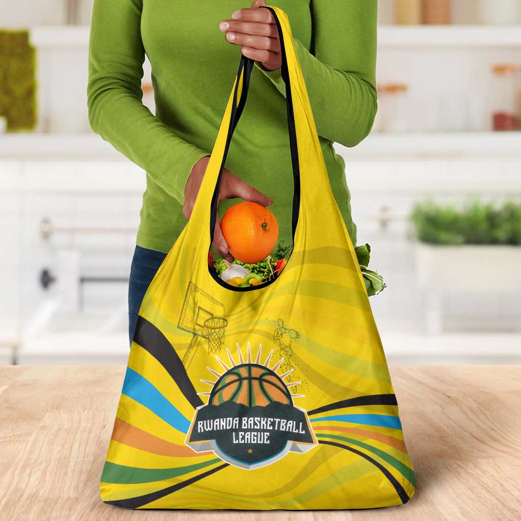 Rwanda Grocery Bag with Basketball League Court Hoop Yellow Wave Spirit
