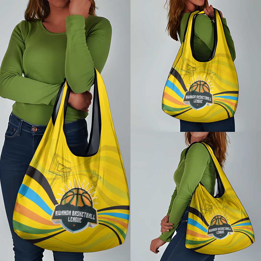 Rwanda Grocery Bag with Basketball League Court Hoop Yellow Wave Spirit
