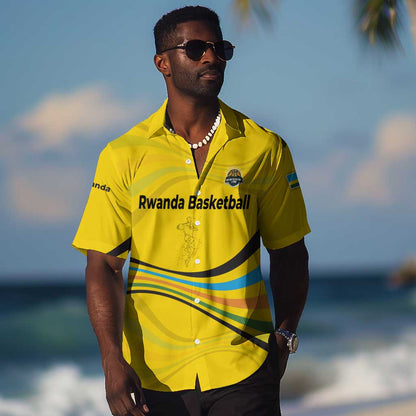 Rwanda Hawaiian Shirt with Basketball League Court Hoop Yellow Wave Spirit