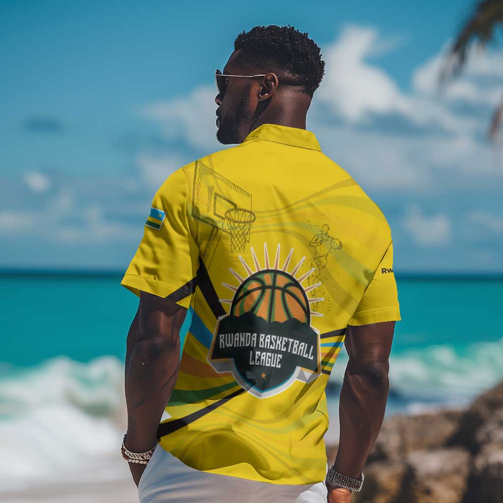 Rwanda Hawaiian Shirt with Basketball League Court Hoop Yellow Wave Spirit