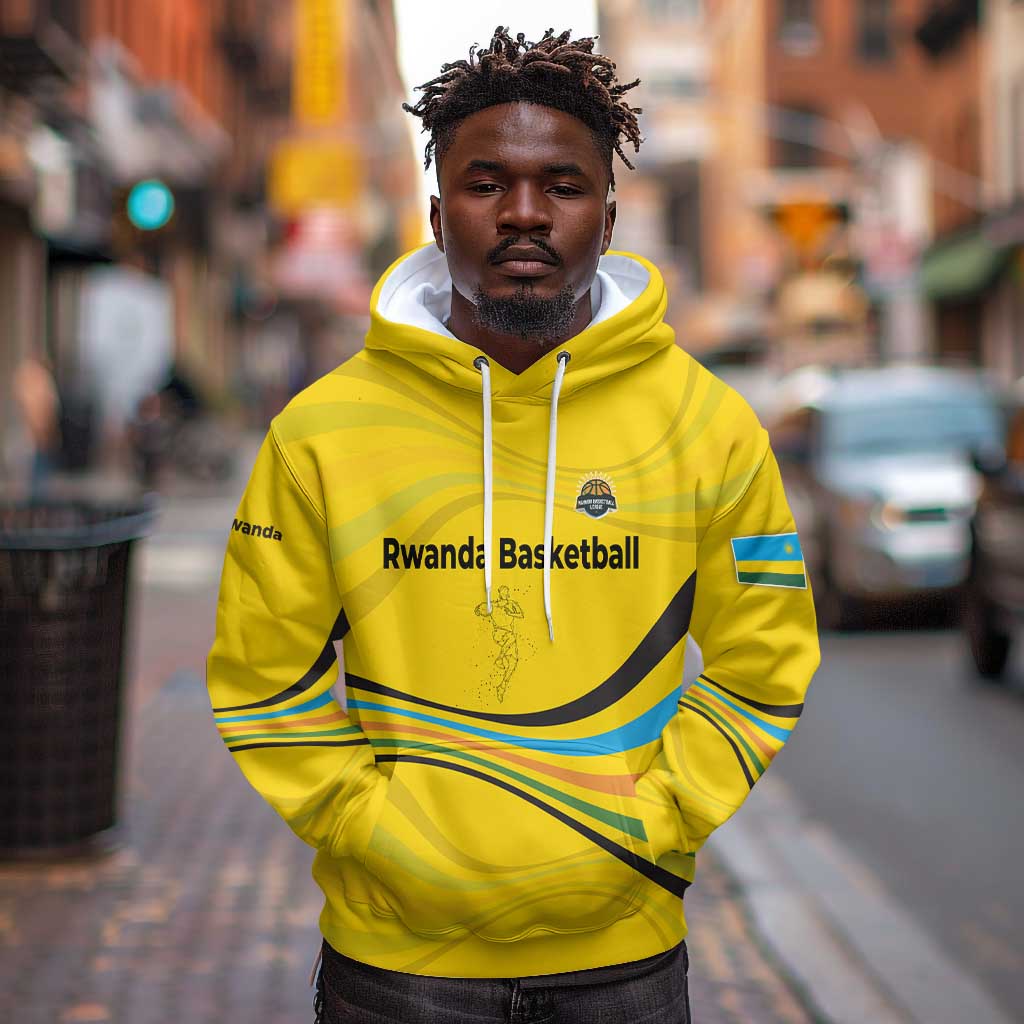 Rwanda Hoodie with Basketball League Court Hoop Yellow Wave Spirit